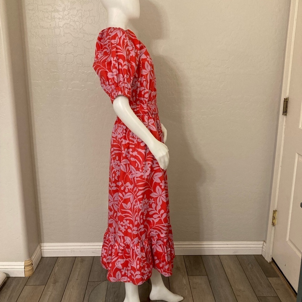 Voyageur By Mersea Hedy Tropical Floral Vine Puff Sleeve Tiered Midi Dress Sz M - Picture 9 of 15